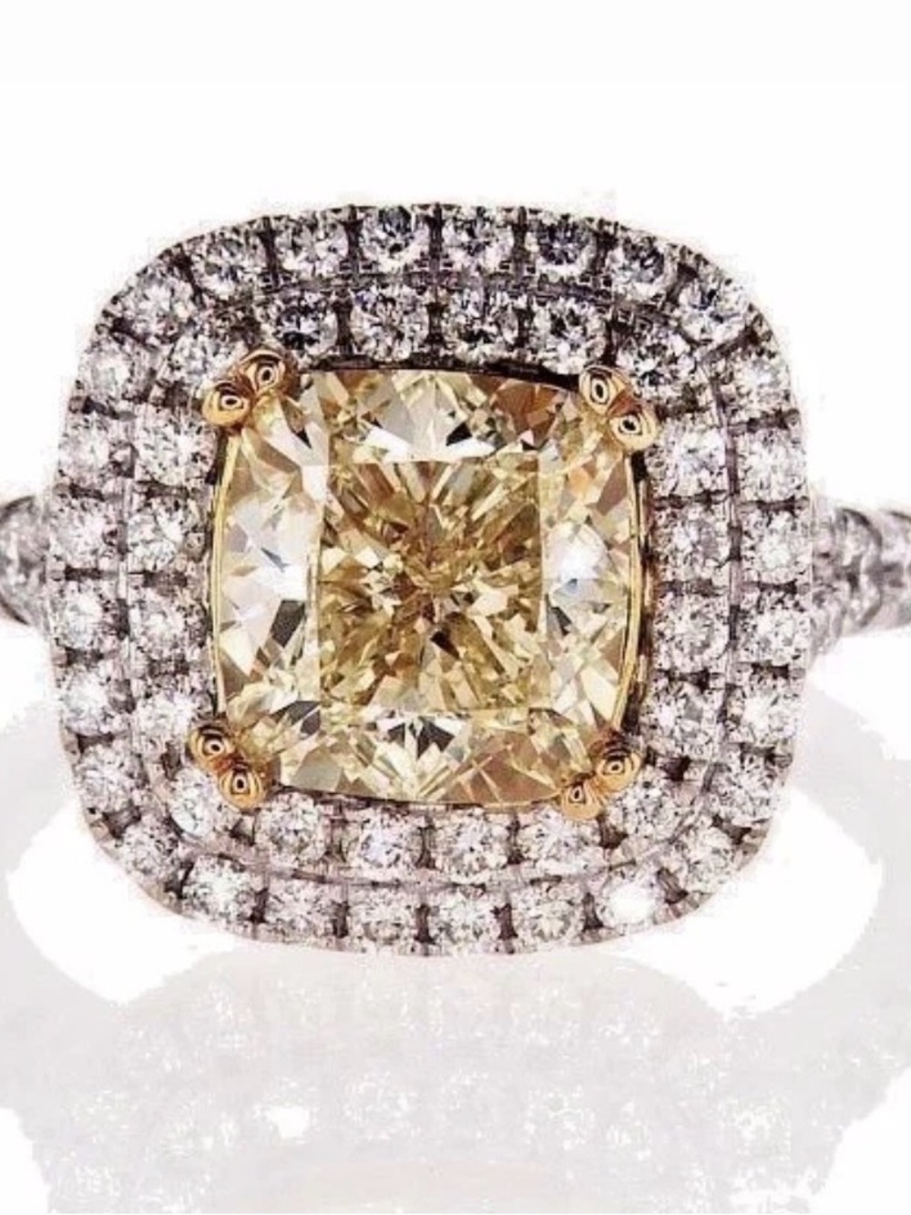 3CTW Natural Light Yellow Diamond Cushion Halo Ring VS2 14K Gold Double Halo